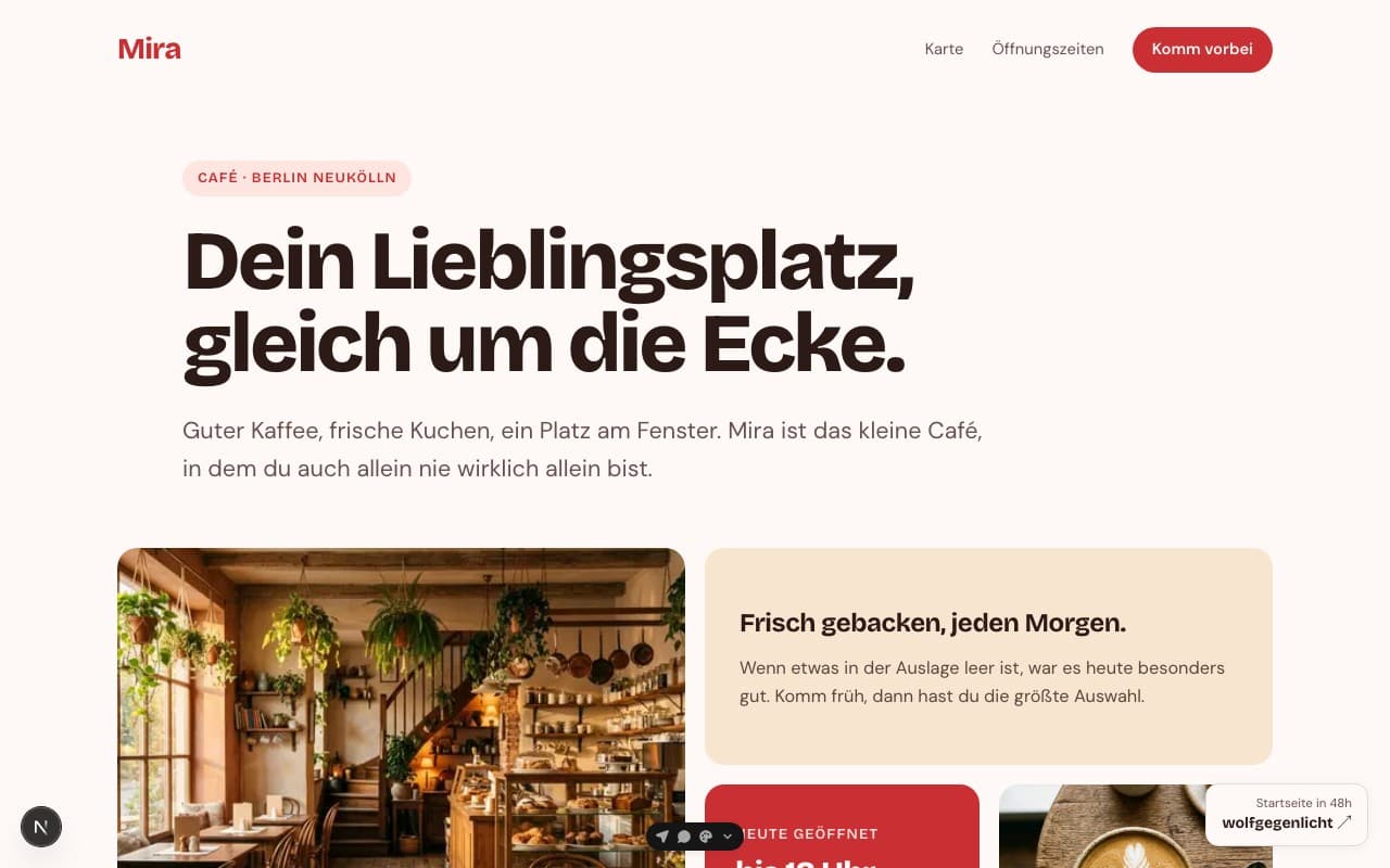 Screenshot der Beispiel-Website: Mira Café