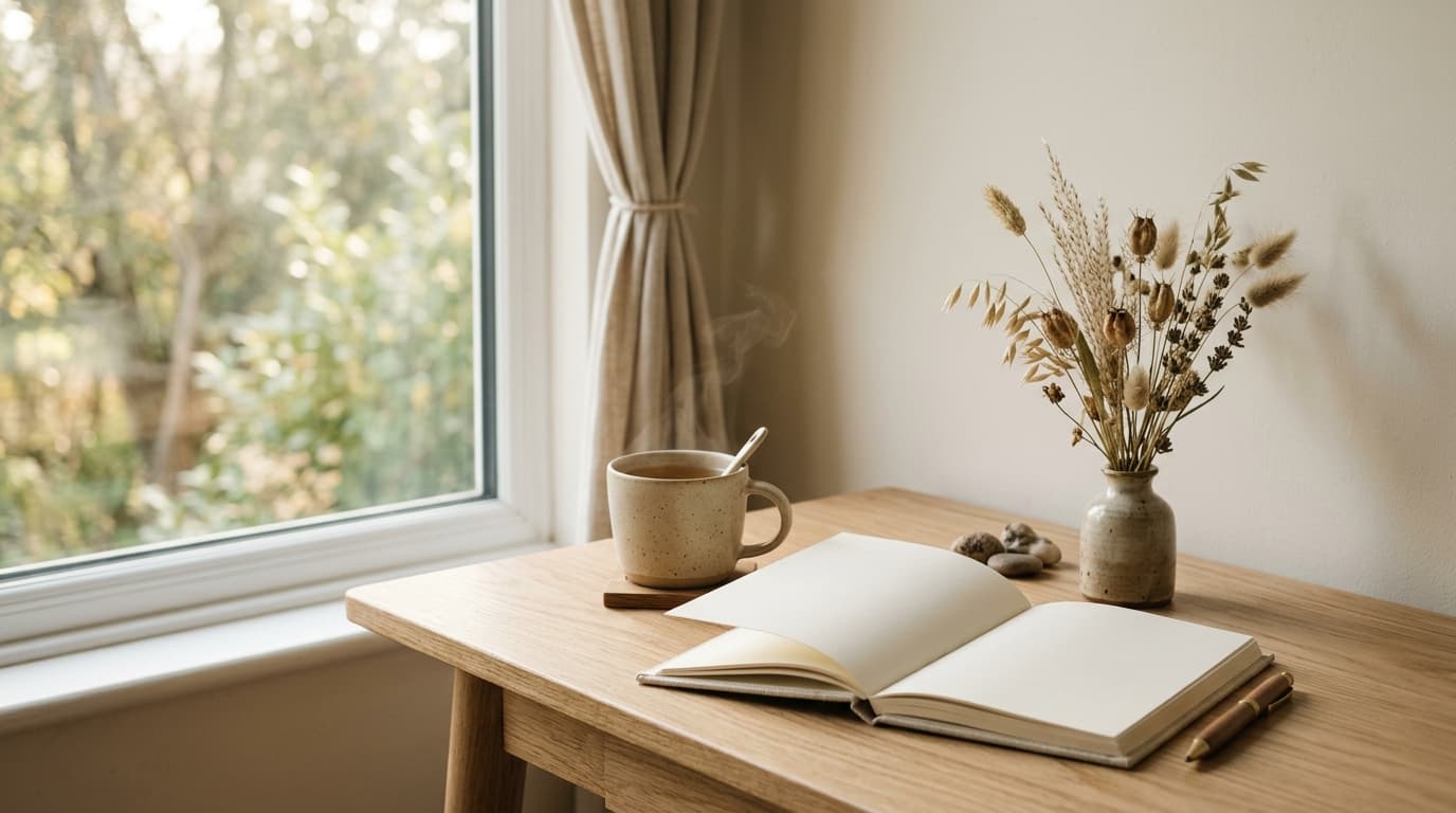 Ruhiger Schreibtisch mit Notizbuch und Tee im Morgenlicht