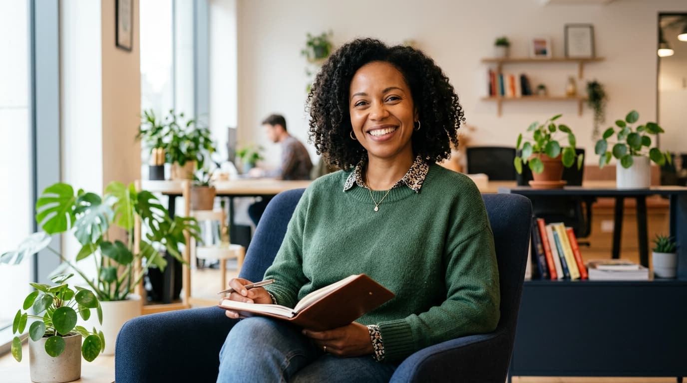 Marit, lächelnd in ihrem hellen Coaching-Büro