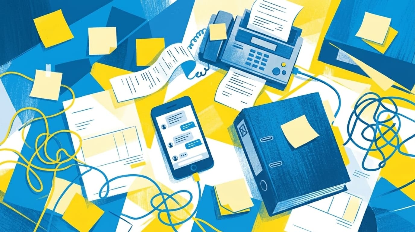 Überladener Schreibtisch mit Papieren, Zetteln und Smartphone symbolisiert Zettelwirtschaft im Handwerksbetrieb