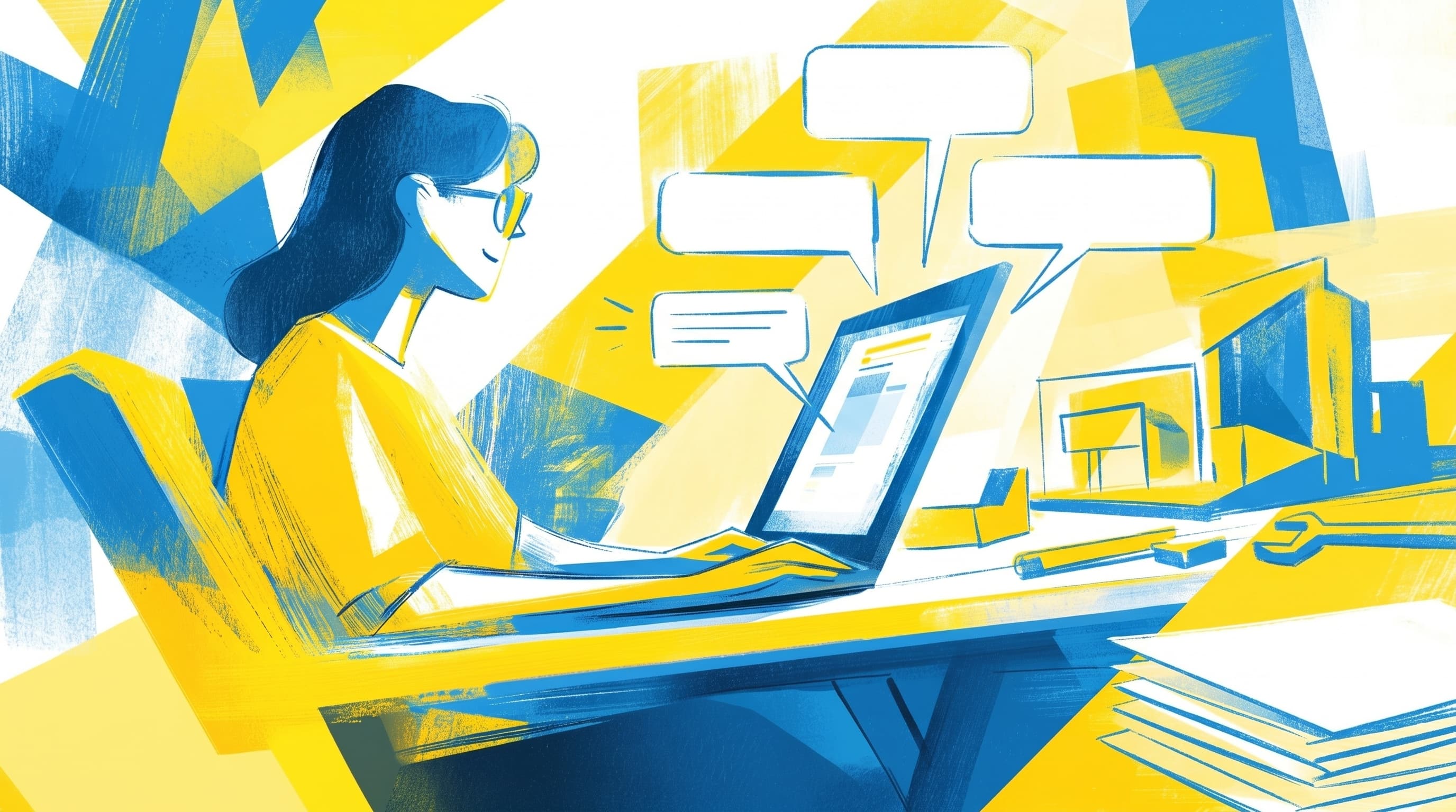 Illustration eines KI-Workshops: Person am Laptop mit KI-Assistent