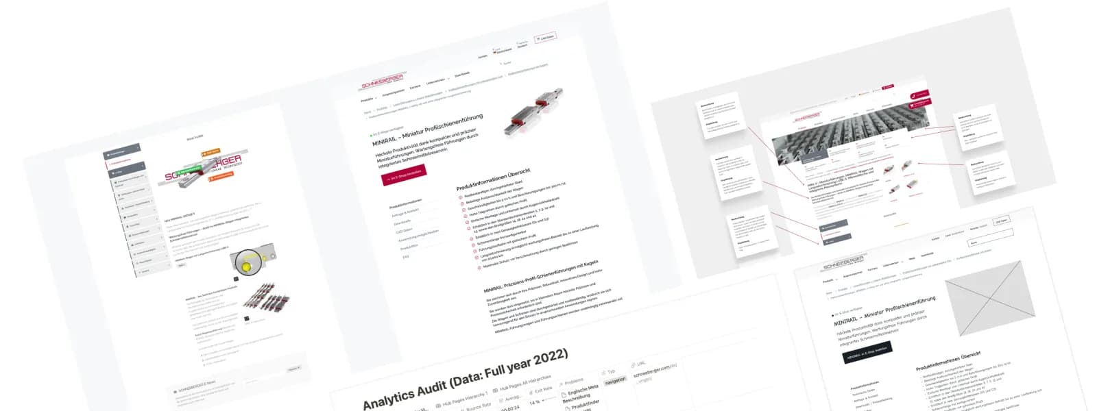 Produktseiten von schneeberger.com auf Desktop und Mobile, mit Redesign-Annotationen