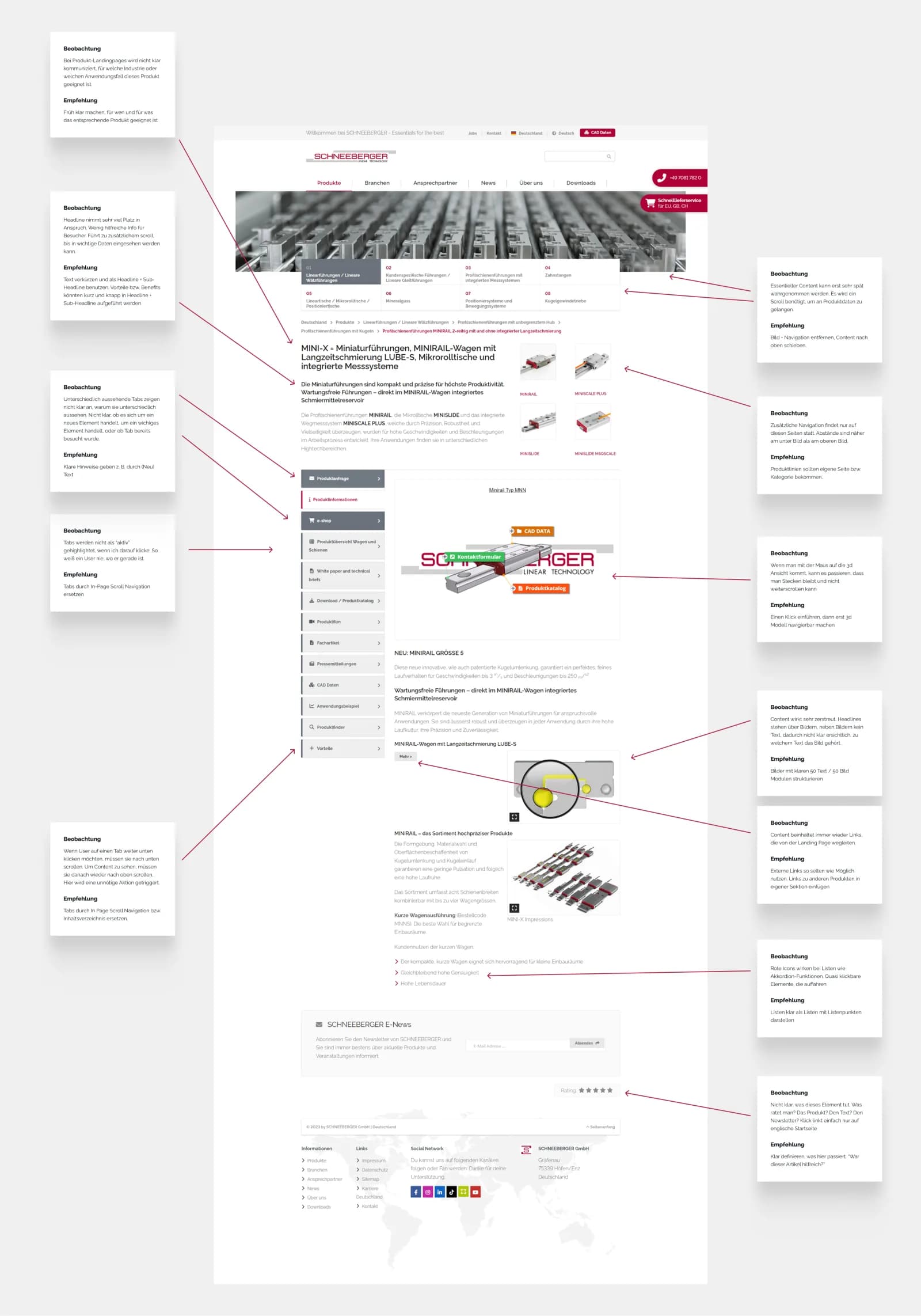 UX-Audit von schneeberger.com mit Annotationen zu Navigation, Content-Struktur und Tab-Verhalten