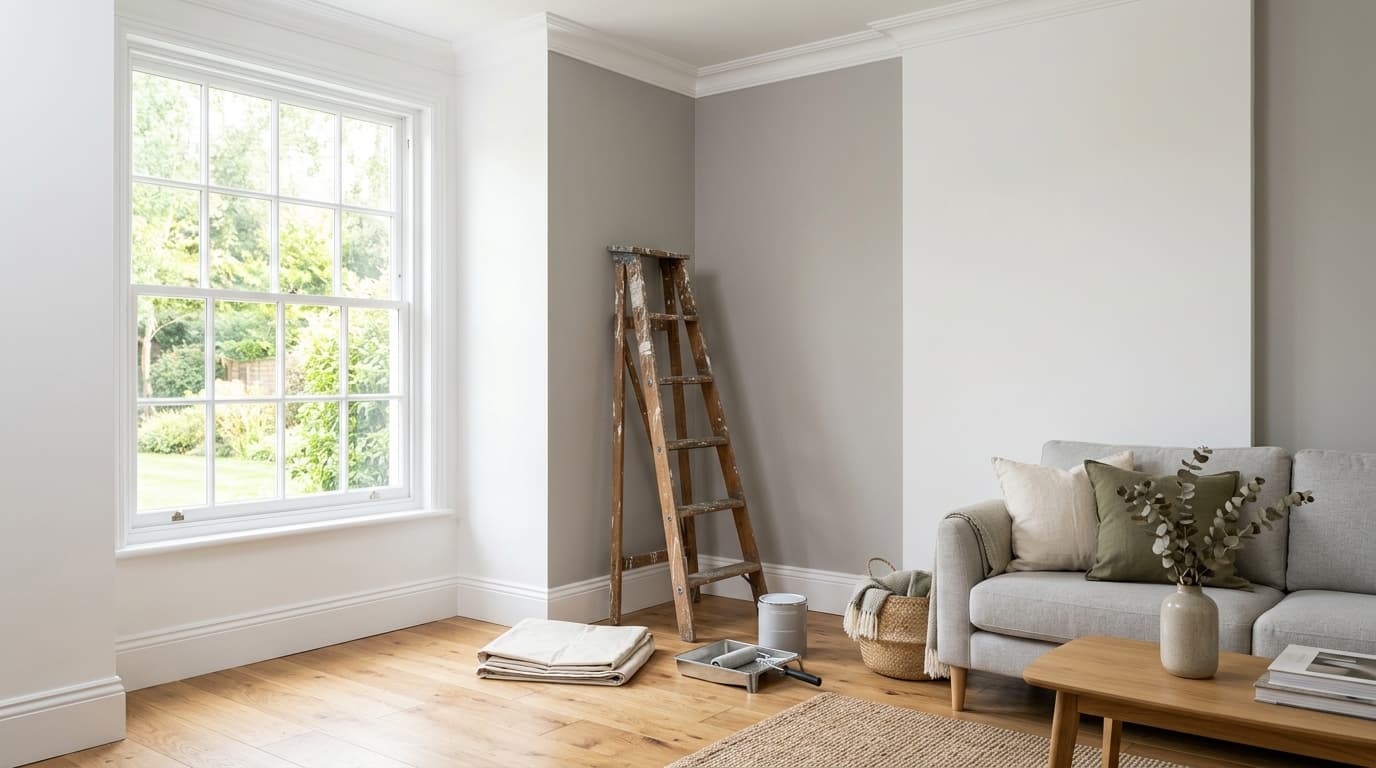 Frisch gestrichenes, helles Wohnzimmer mit sauberen Kanten