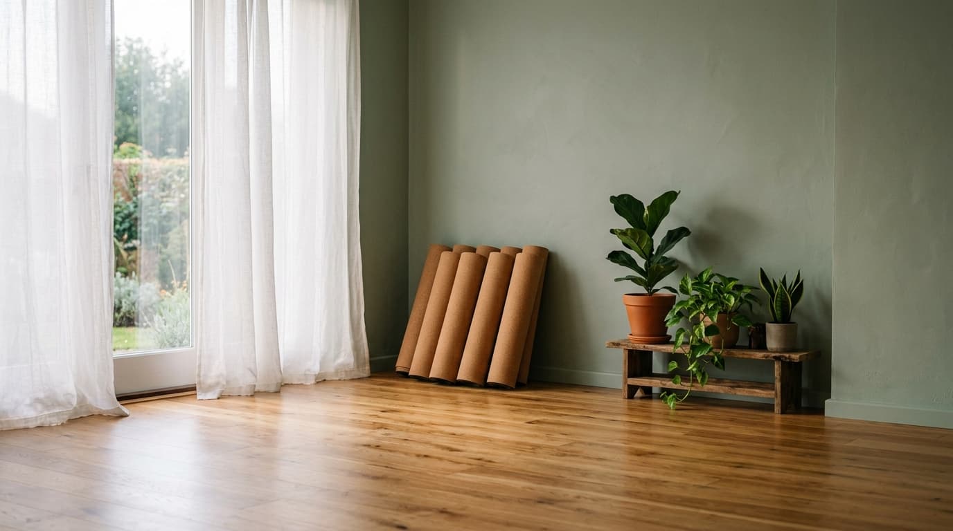 Ruhiges Yogastudio mit warmem Holzboden und sanftem Morgenlicht