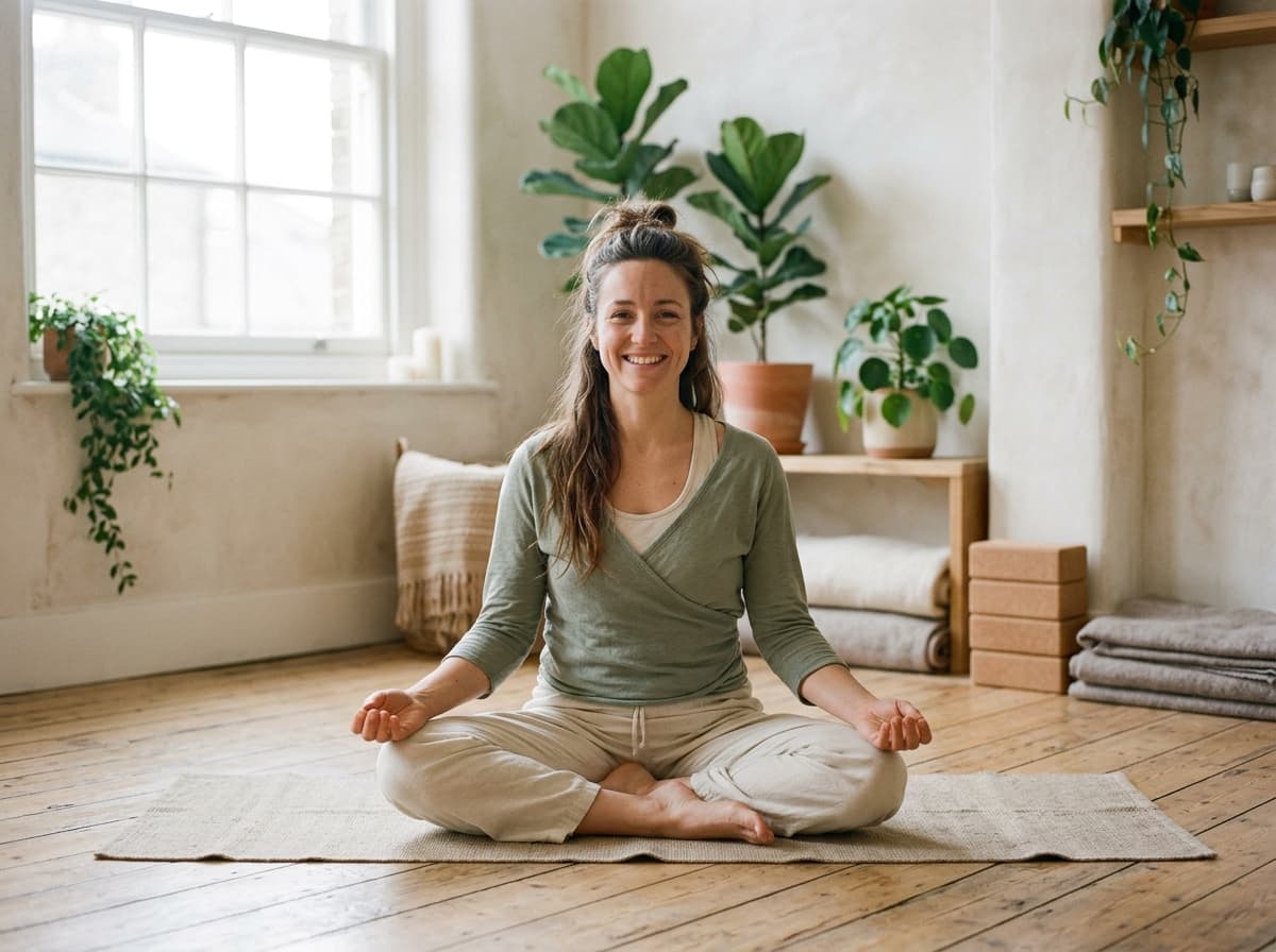 Lea, Yogalehrerin, sitzt entspannt und lächelnd im Yogastudio