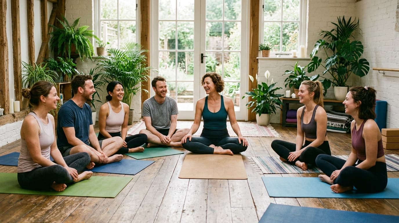 Lächelnde Yogagruppe mit Lehrerin im hellen Studio
