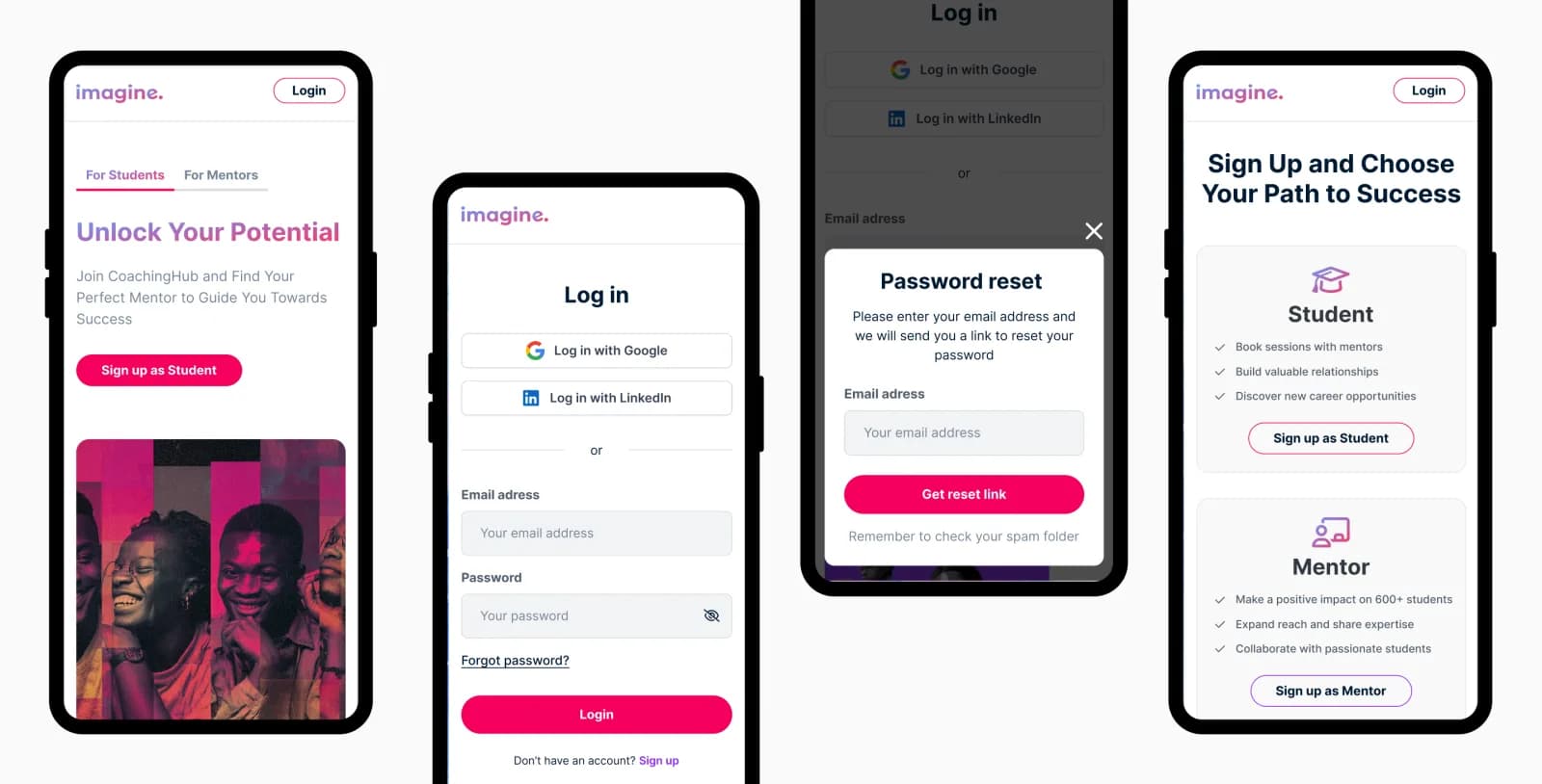 Login- und Rollenauswahl-Screens der Imagine-Foundation-Plattform für Studierende und Mentoren