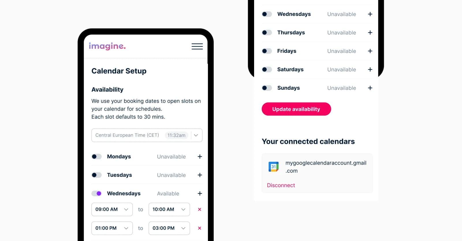Kalender-Setup mit wochentagsweiser Verfügbarkeit und Google-Calendar-Verknüpfung