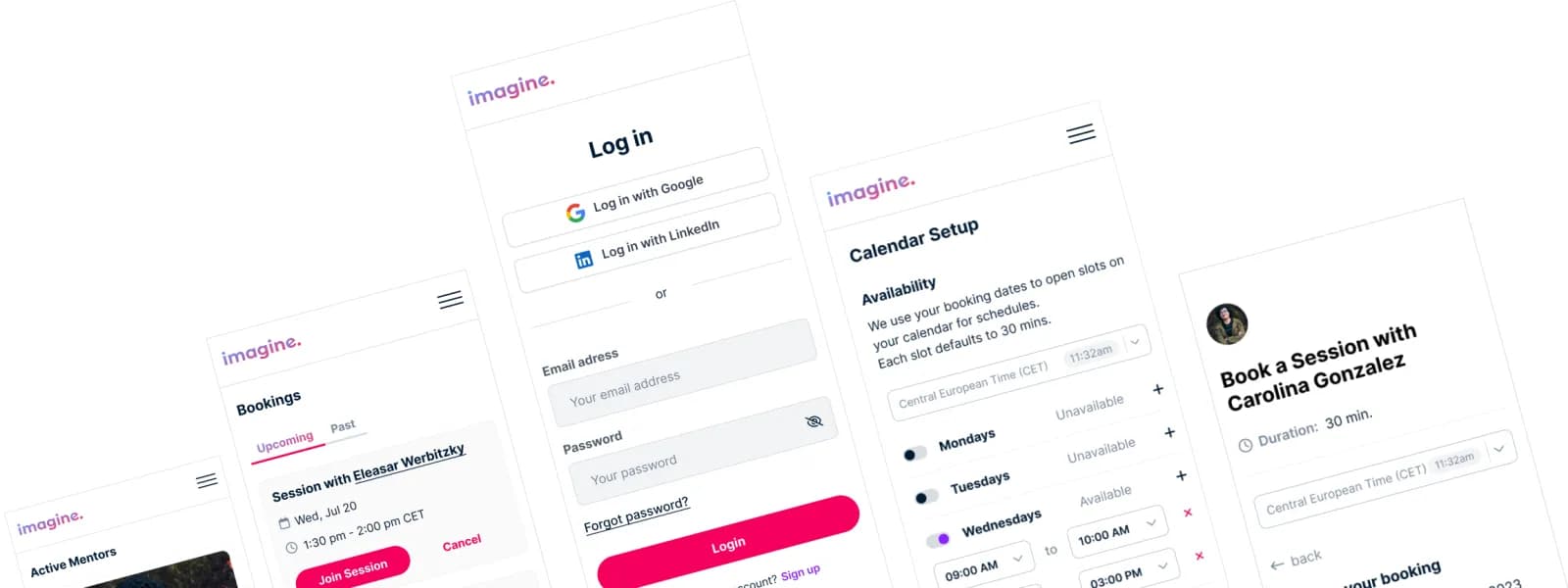 Mobile Screens der Imagine-Foundation-Plattform: Bookings, Login und Kalender-Setup