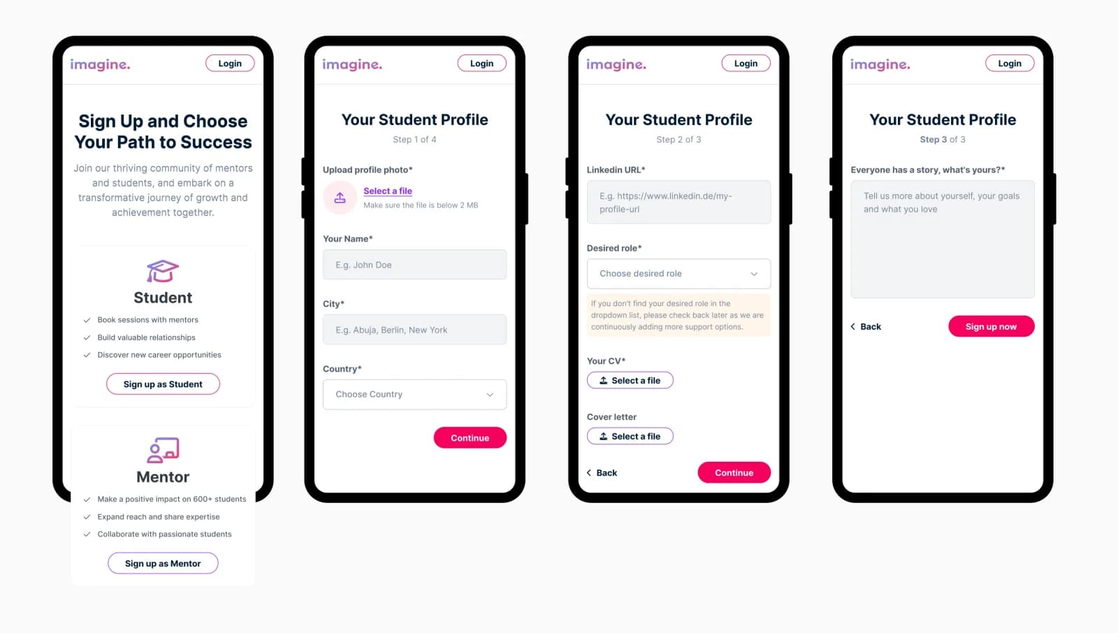 Dreistufiger Sign-up-Flow mit Rollenwahl, Profildaten und Motivationstext