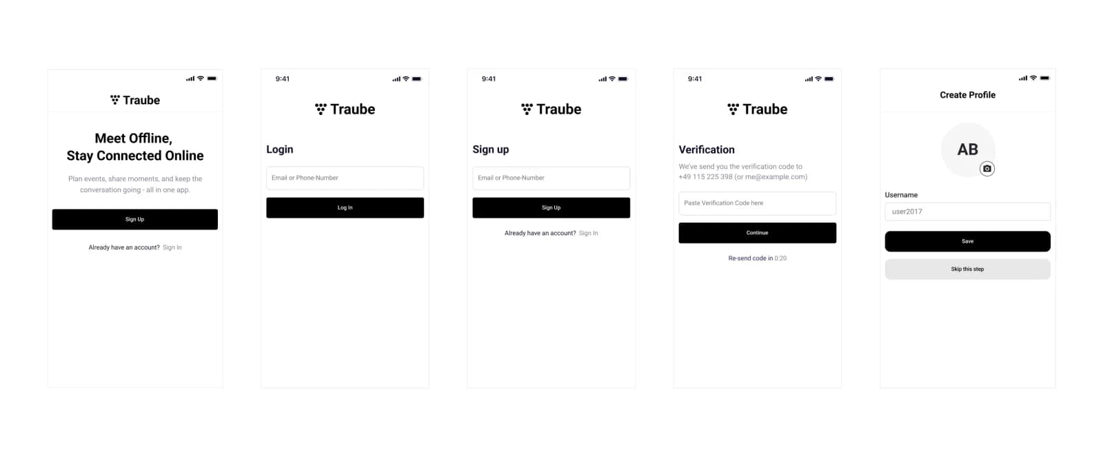 Erste Wireframes für Login, Sign-up und Profilerstellung in traube.club