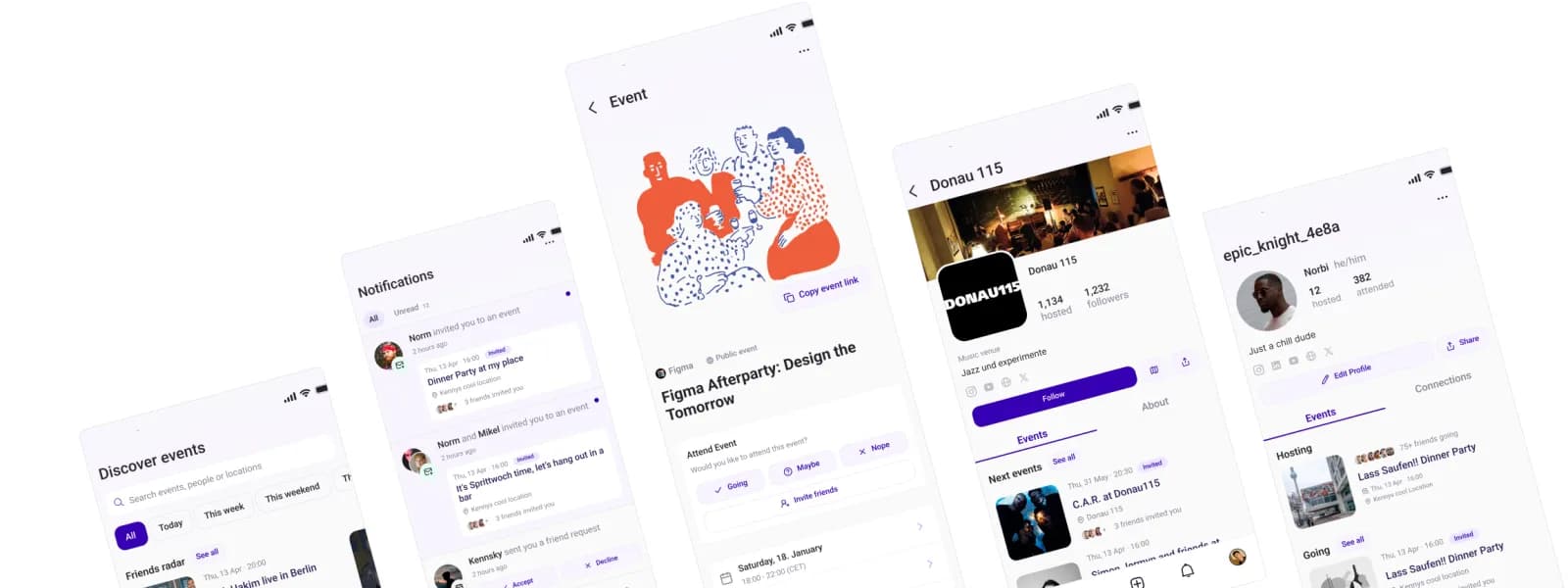 Mobile Screens von traube.club: Event-Details, Benachrichtigungen und Profile