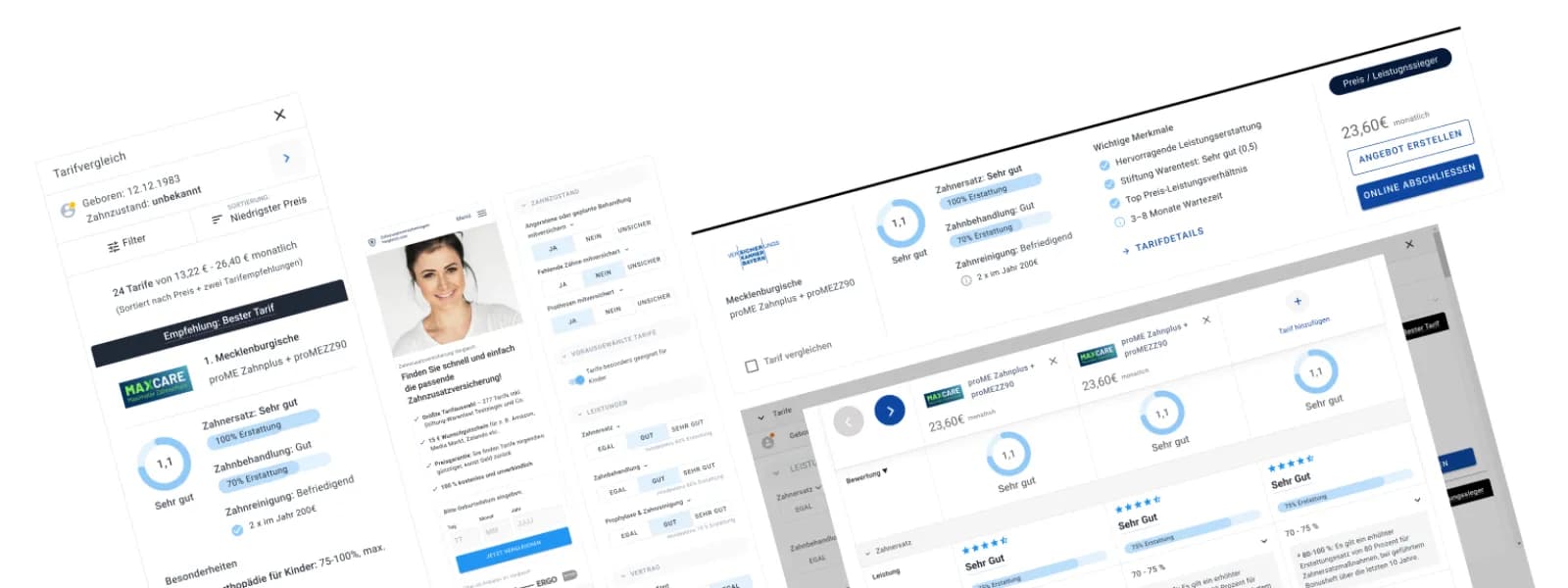Screens von zahnzusatzversicherungen-vergleich.com: Tarifvergleich, Fragebogen und Angebotsseite