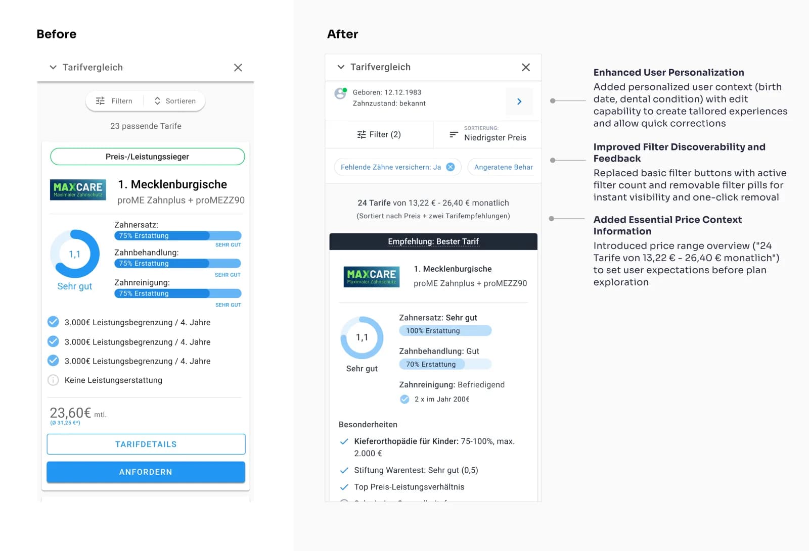Mobile Tarifvergleichsliste vor und nach dem Redesign mit personalisiertem Filter-Header