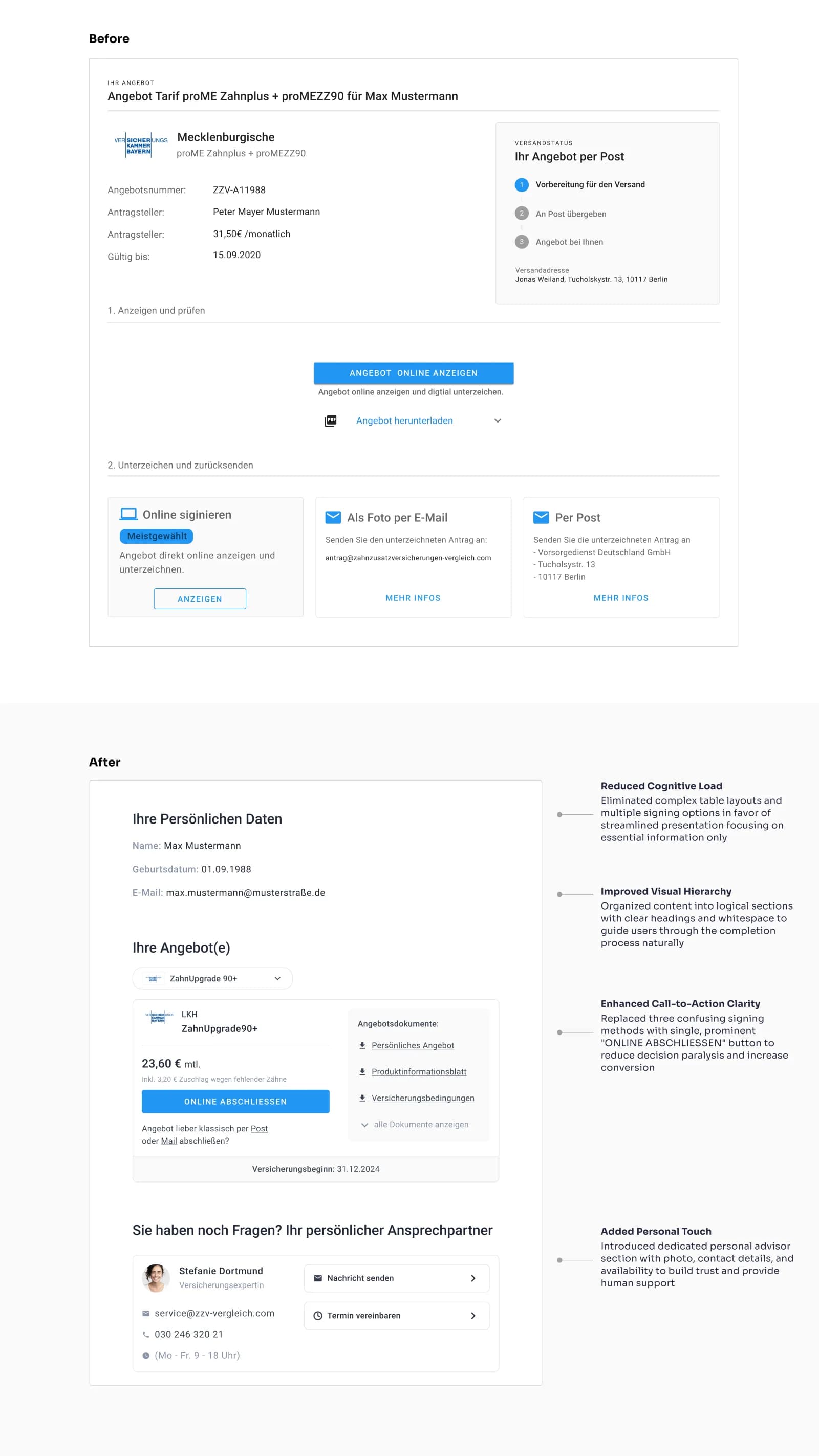 Angebotsseite vor und nach dem Redesign mit einem klaren Online-Abschluss-Button statt drei Signierwegen