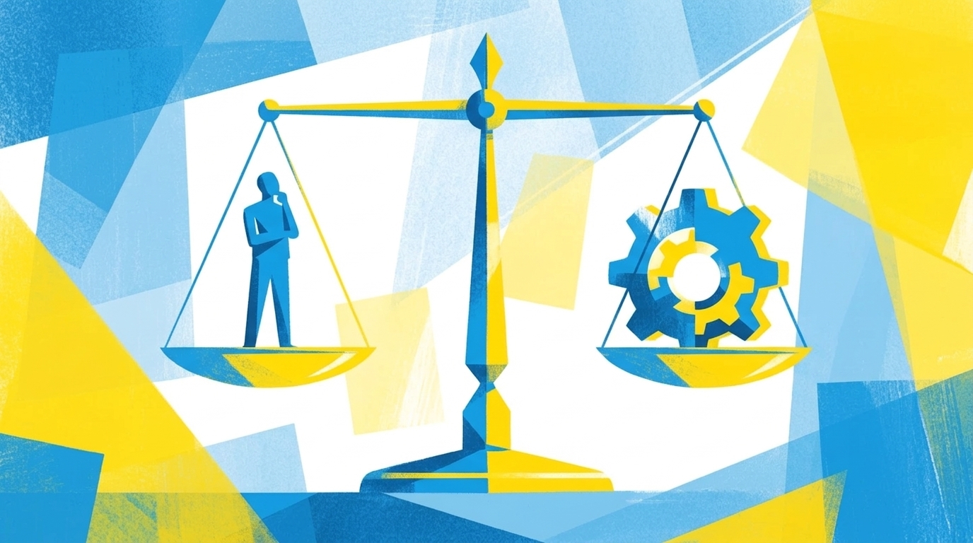 Flat-Illustration einer Waage mit einer Person auf der einen Seite und einem Zahnrad auf der anderen Seite, im Gleichgewicht, in blau-gelbem Stil