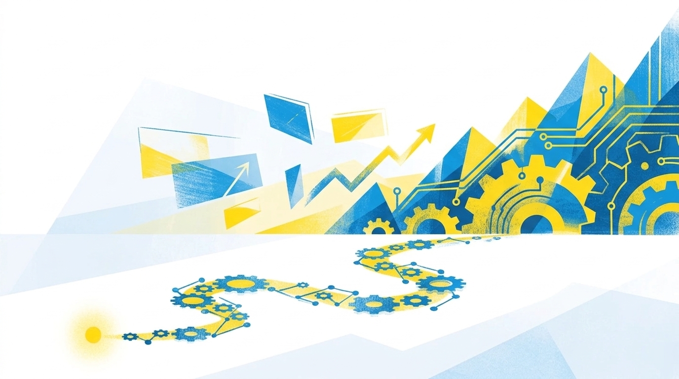 Flat-Illustration eines schmalen Pfads, der von einem einzelnen leuchtenden Punkt zu einer größeren geometrischen Horizontform führt, in blau-gelbem Stil