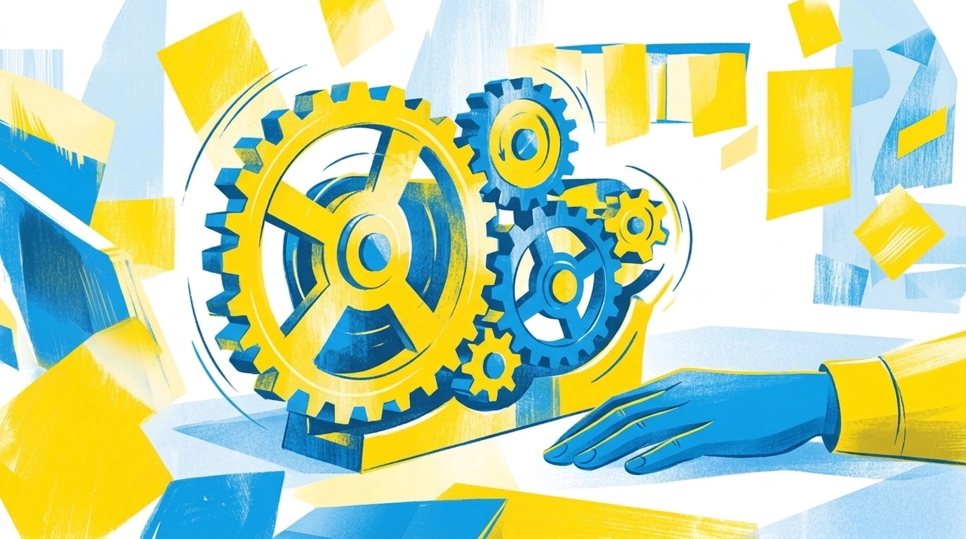 Flat-Illustration eines Zahnrads, das sich selbstständig dreht, während eine Hand daneben wartet, in blau-gelbem Stil