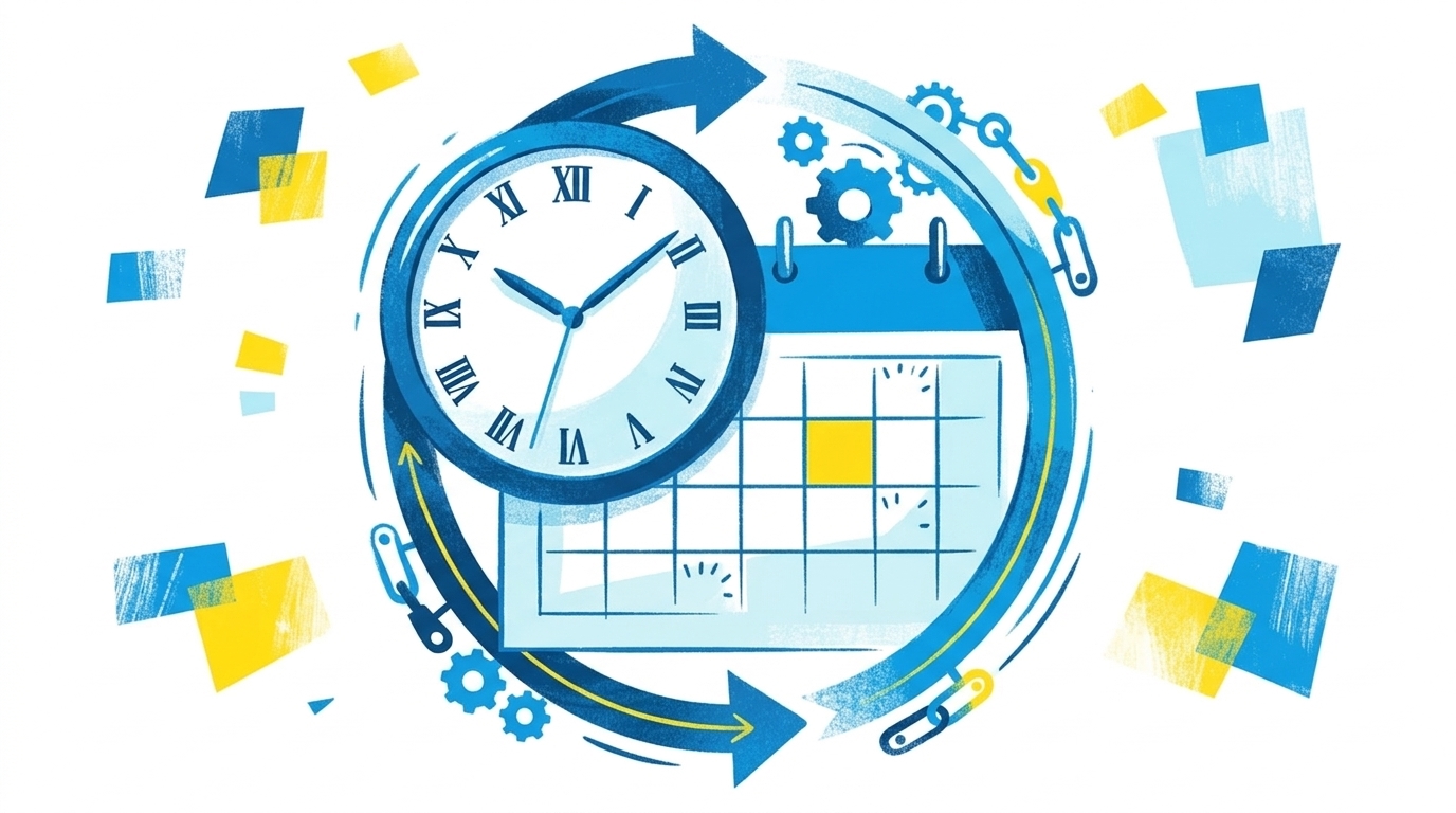 Flat-Illustration einer Uhr mit einem Kalendersymbol daneben, verbunden durch einen kreisförmigen Pfeil, in blau-gelbem Stil