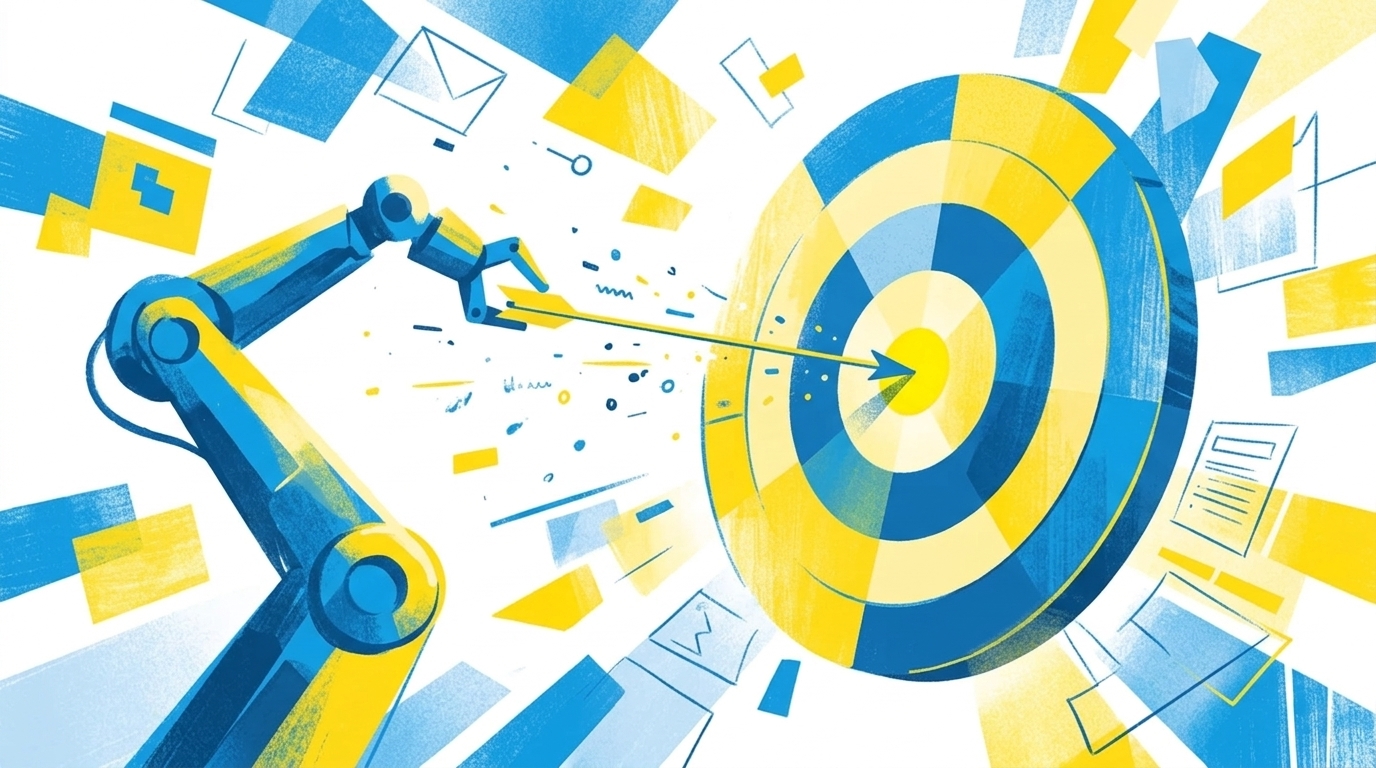 Flat-Illustration eines Zielkreises mit einem Pfeil im Flug, geführt von einem abstrakten Roboterarm, in blau-gelbem Stil