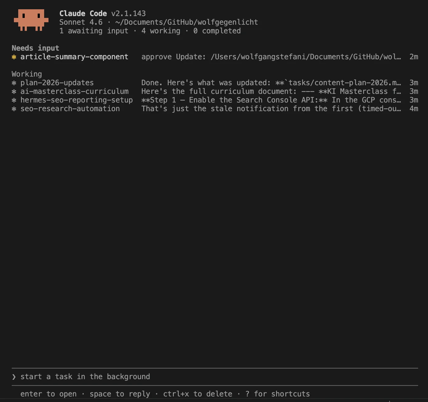 Screenshot der Claude Code Agent View: Tabelle mit Sessions in den Zuständen "Needs input" und "Working"