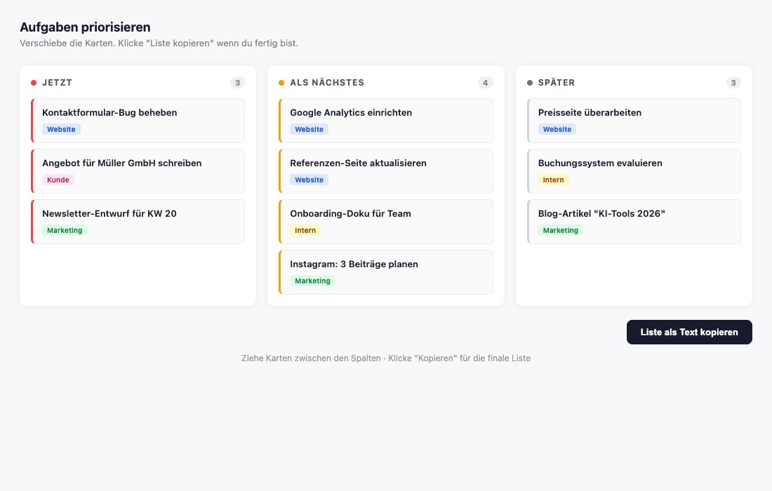 Screenshot eines HTML-Boards mit drei Spalten Jetzt Als nächstes Später und farbmarkierten Aufgabenkarten