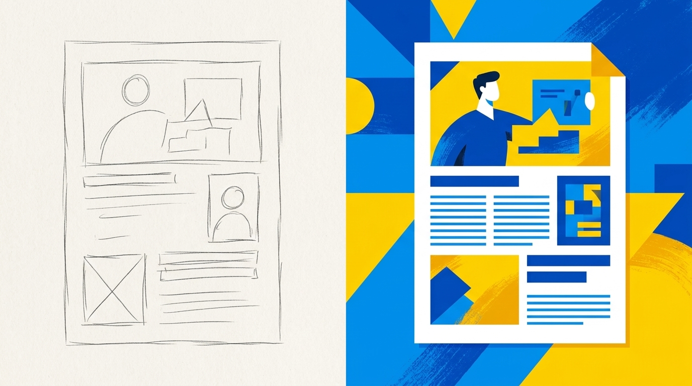 Abstrakte Illustration, die den Kontrast zwischen einer einfachen Notiz und einem strukturierten, farbigen Report symbolisiert