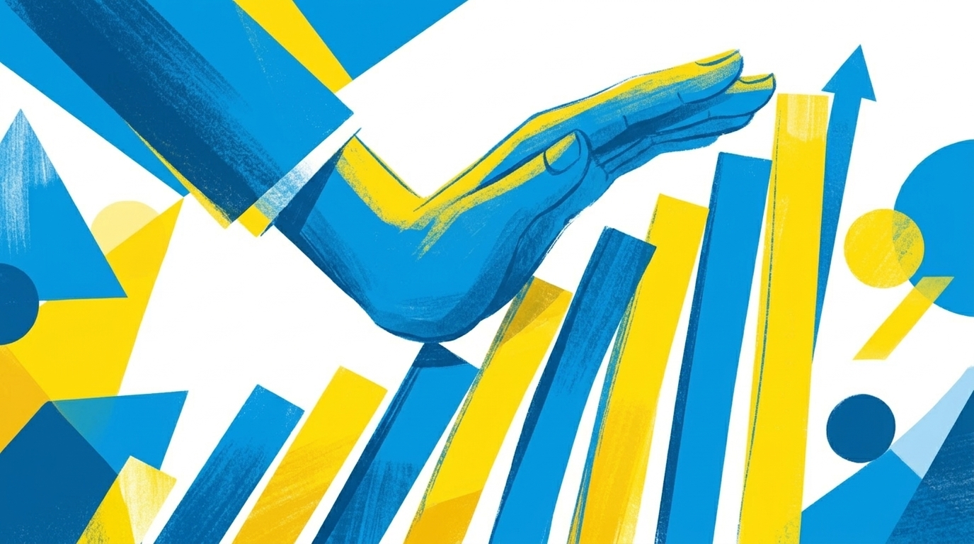 Flat-Illustration eines ansteigenden Balkendiagramms, das von einer Hand von unten nach oben gedrückt wird, blau-gelber Stil mit geometrischem Hintergrund