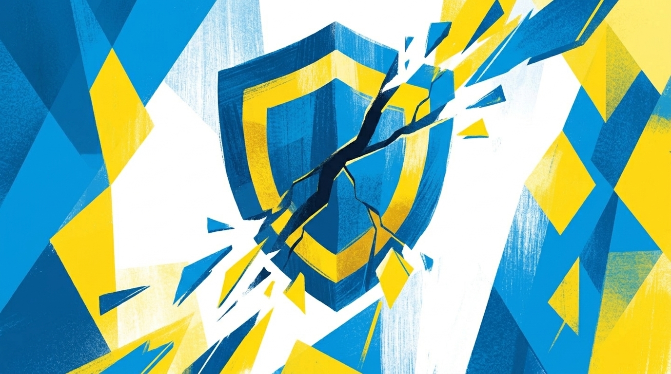 Flat-Illustration eines zerbrechenden Schildsymbols in blau-gelbem Stil mit geometrischem Hintergrund