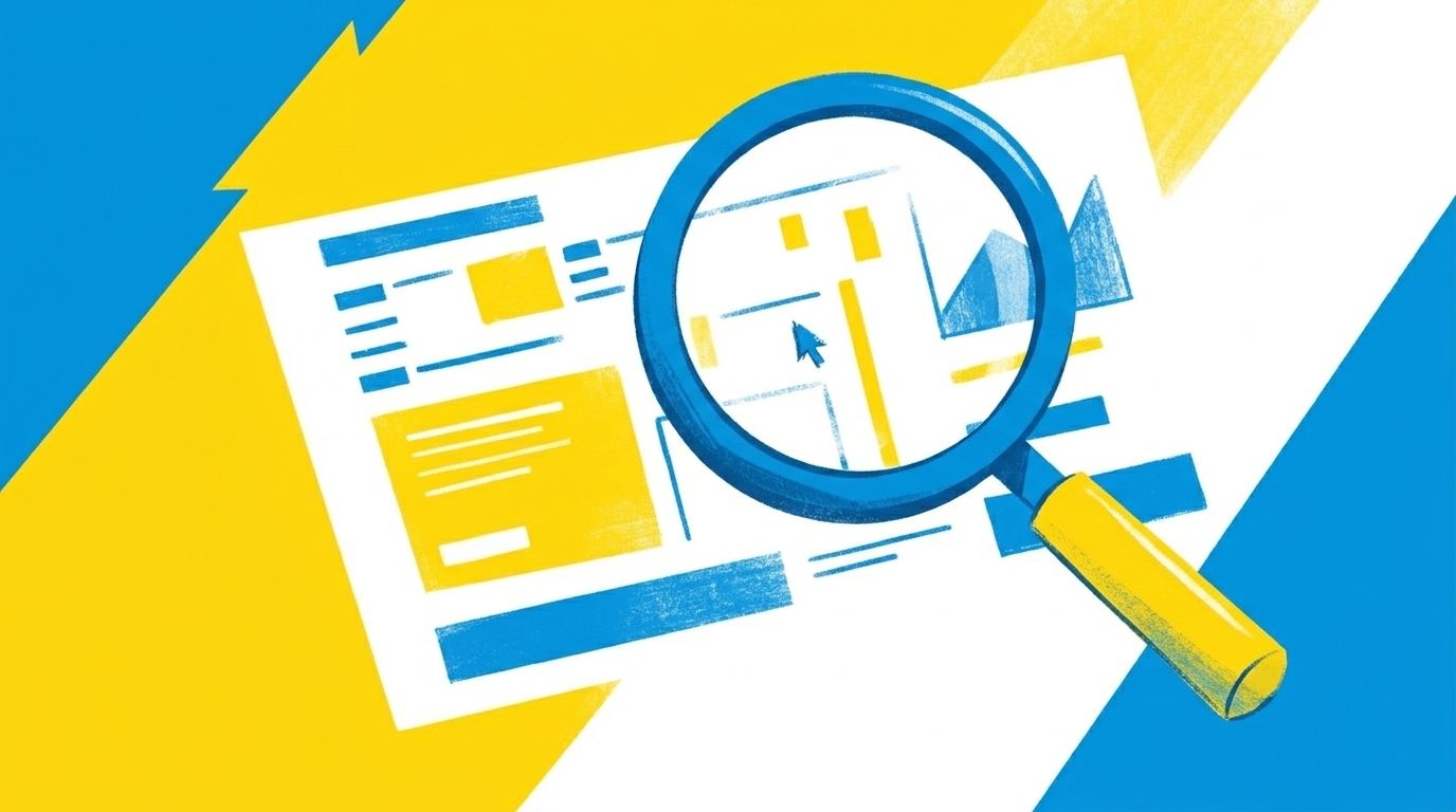 Flat-Illustration einer Lupe über einem abstrakten Website-Layout in blau-gelbem Stil mit geometrischem Hintergrund