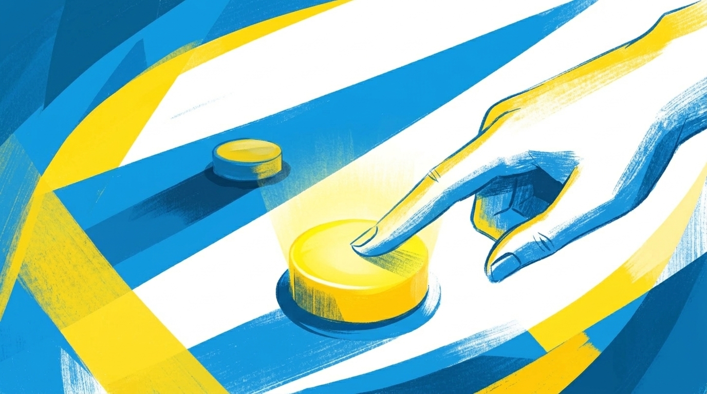 Flat-Illustration einer Hand, die auf einen großen gelben Button klickt, während ein kleiner Button im Schatten kaum sichtbar ist, blau-gelber Stil mit geometrischem Hintergrund