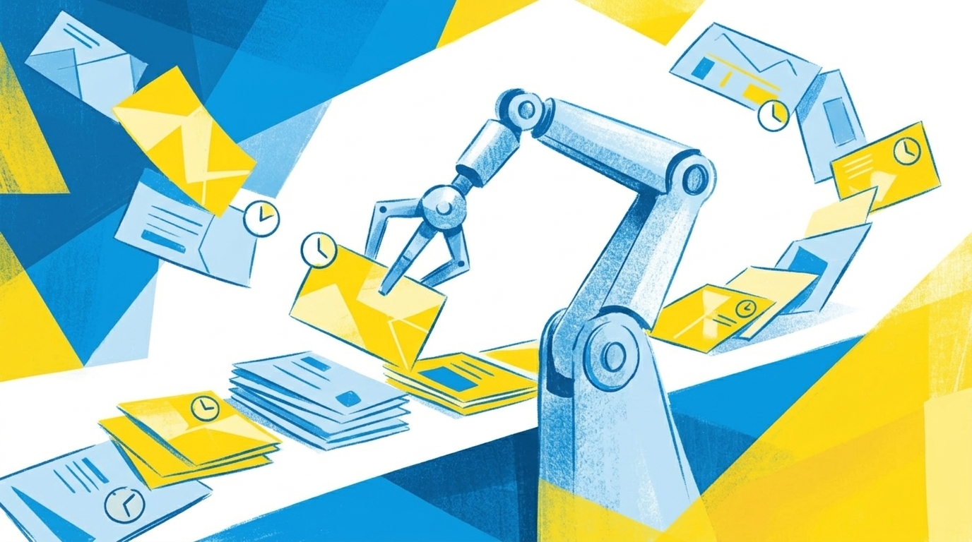 Flat-Illustration, mehrere Aufgabenkarten die von einem zentralen Roboterarm sortiert werden, Uhr-Symbole für geplante Zeiten, blau-gelbe Farbgebung