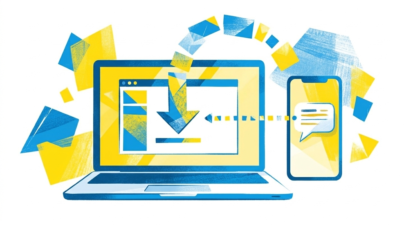Flat-Illustration, Laptop mit geöffneter App und Download-Pfeil, daneben ein Smartphone mit Chat-Symbol, blau-gelbe Editorial-Illustration