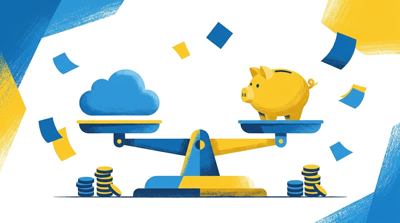 Flat-Illustration, Waage die ein Cloud-Symbol gegen ein Sparschwein abwägt, Münzstapel daneben, blau-gelbe Editorial-Illustration