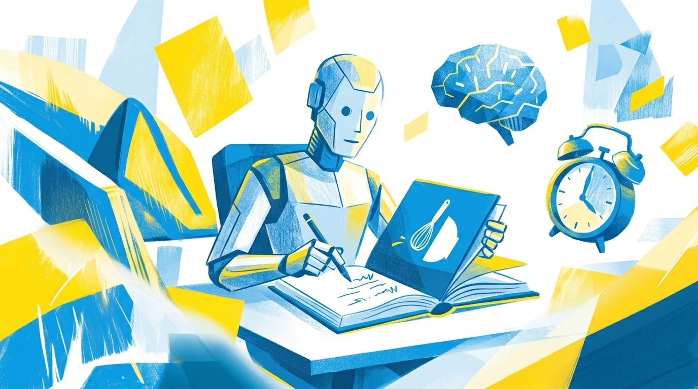 Flat-Illustration, Roboter der ein eigenes Rezeptbuch schreibt, daneben ein Gehirn-Symbol und eine Weckuhr, blau-gelbe Editorial-Illustration
