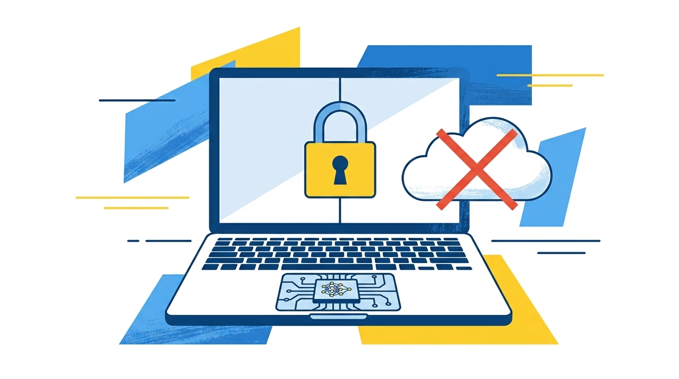 Flat-Illustration, Laptop mit Schloss-Symbol und lokalem Modell-Chip, durchgestrichene Cloud daneben, blau-gelbe Editorial-Illustration