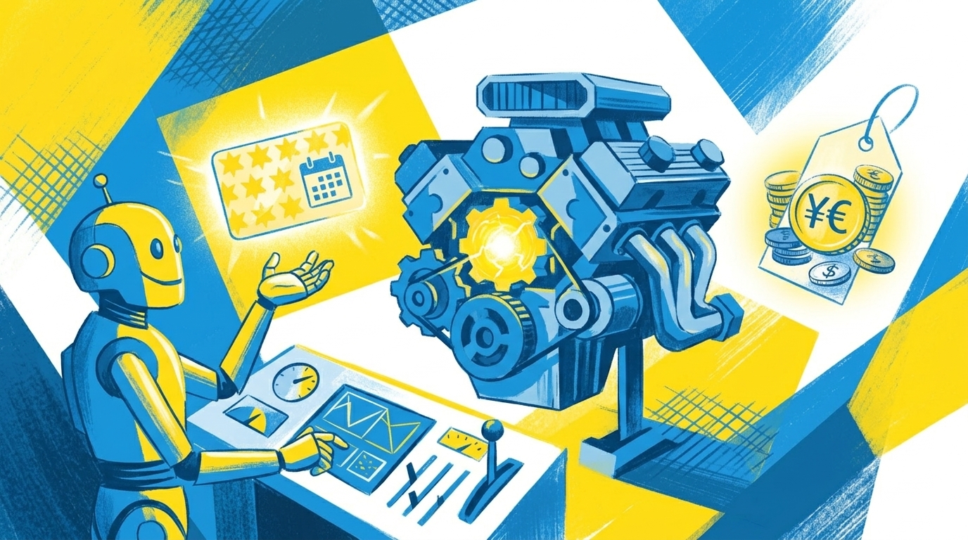 Flat-Illustration, Roboter an einem Schaltpult wählt zwischen einer Abo-Karte und einem Preisschild, ein Motor als Symbol in der Mitte, blau-gelbe Editorial-Illustration