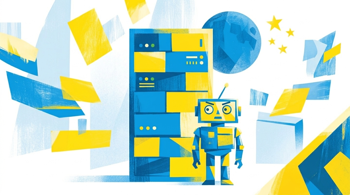 Flat-Illustration, Server-Schrank mit kleinem wachem Roboter davor, Mond und Sterne im Hintergrund für Nachtbetrieb, blau-gelbe Farbgebung