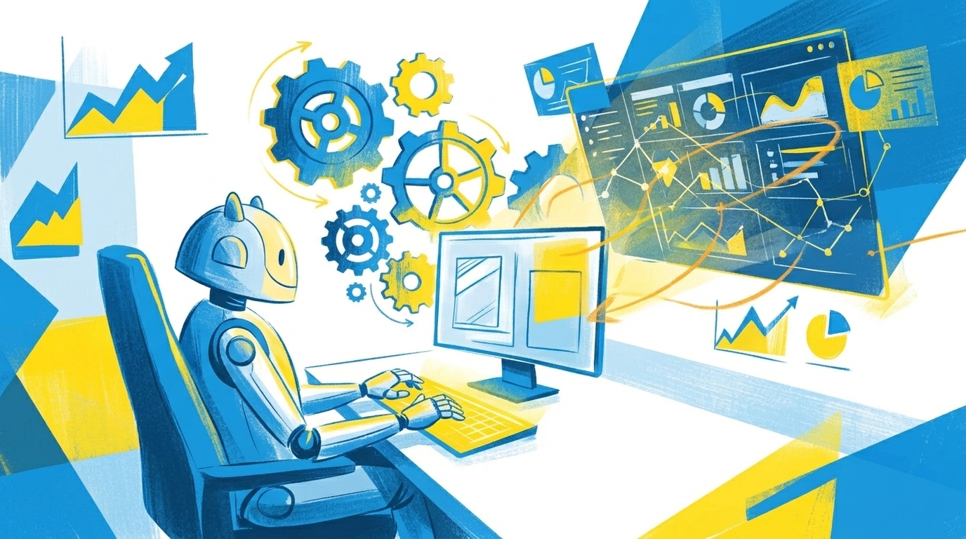 Flat-Illustration, freundlicher Roboter-Assistent an einem Schreibtisch mit laufenden Zahnrädern im Hintergrund, blau-gelbe Editorial-Illustration mit geometrischen Formen