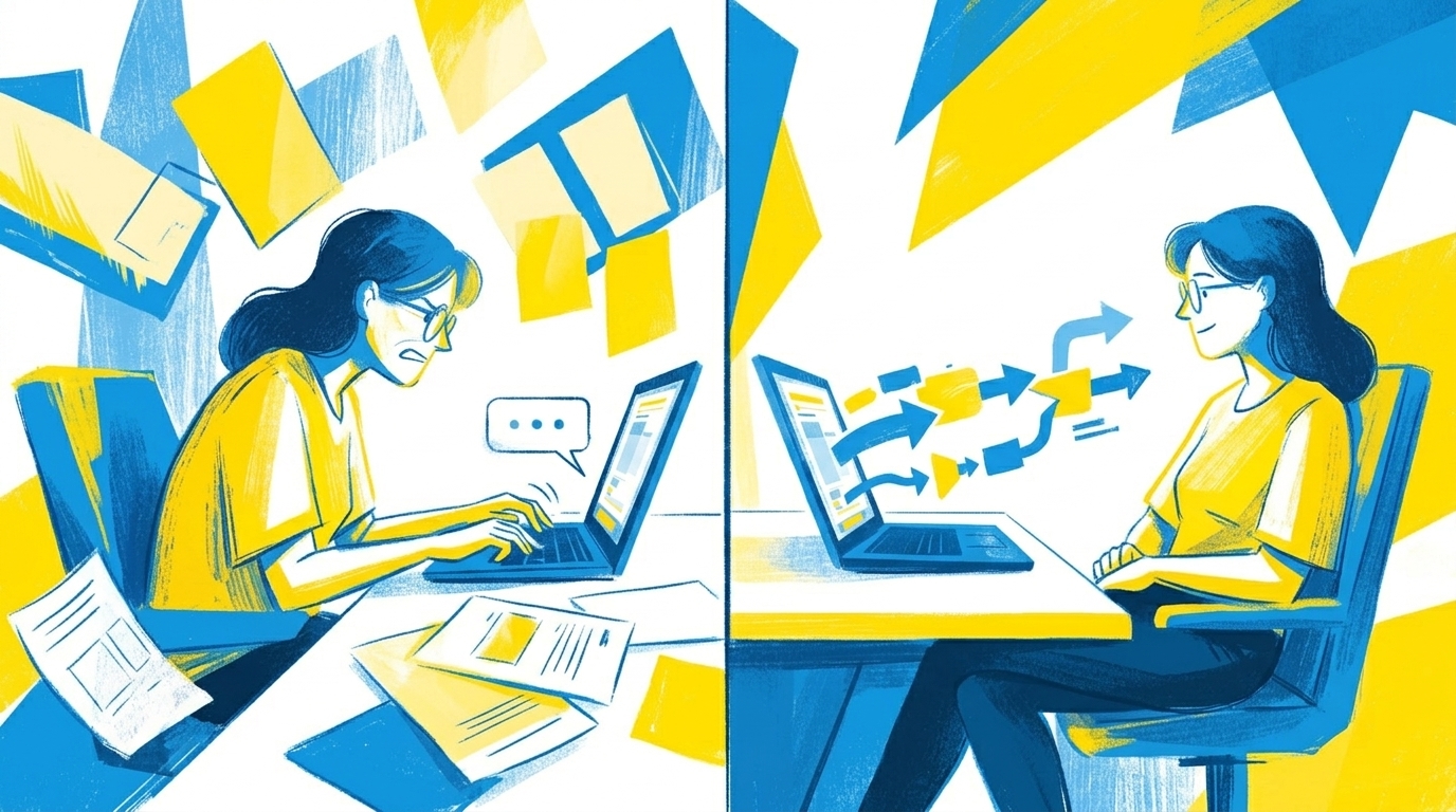 Flat-Illustration zweier Figuren im Vergleich, links übergibt eine Person Dokumente an Claude, rechts arbeitet Claude eigenständig mit mehreren verbundenen App-Symbolen, blau-gelbe Farbpalette, minimalistischer Stil