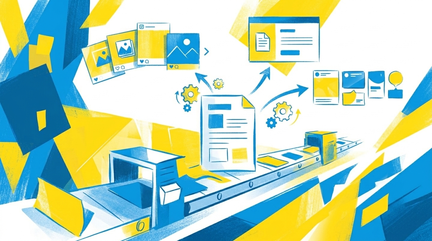 Flat-Illustration einer Produktionslinie, die einen Content-Block in verschiedene Formate verwandelt, blau-gelbe geometrische Formen, kein Text