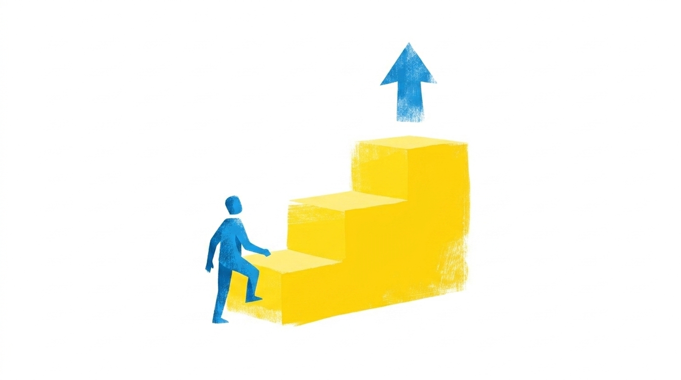 Flat-Illustration einer Treppe mit einem Aufwärtspfeil, symbolisch für erste Schritte, ein einfacher Startpunkt unten, Ziel oben, blau-gelbes Design, geometrisch, keine Buchstaben