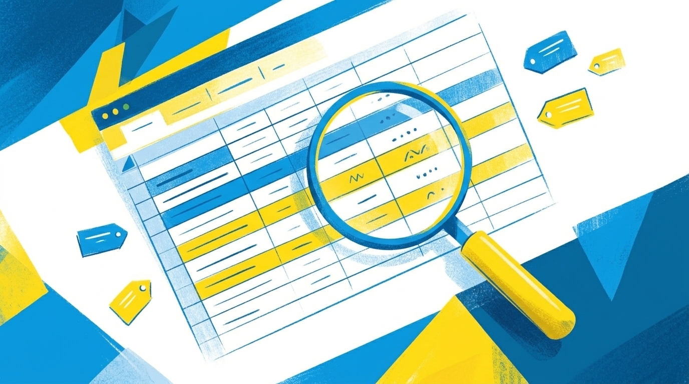 Flat-Illustration einer Tabellenkalkulation mit Lupe und markierten Zeilen, Schlüsselwort-Symbole, blau-gelbes Design, geometrischer Hintergrund, kein Text