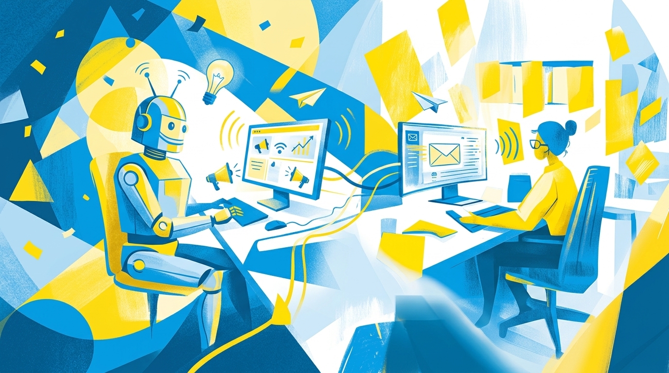 Flat-Illustration eines Roboters und einer Person, die nebeneinander an Aufgaben arbeiten, blau-gelbe Farbpalette, minimalistischer Stil, geometrischer Hintergrund, kein Text