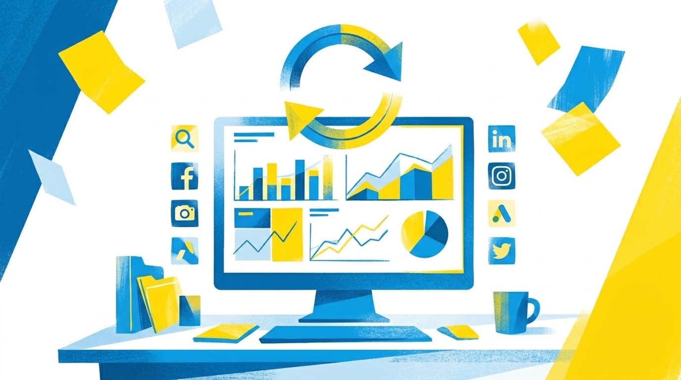 Flat-Illustration eines Bildschirms mit Balken- und Liniendiagrammen, Live-Aktualisierungspfeil, Anzeigenplattform-Symbole im Hintergrund, blau-gelbe Farbpalette, kein Text
