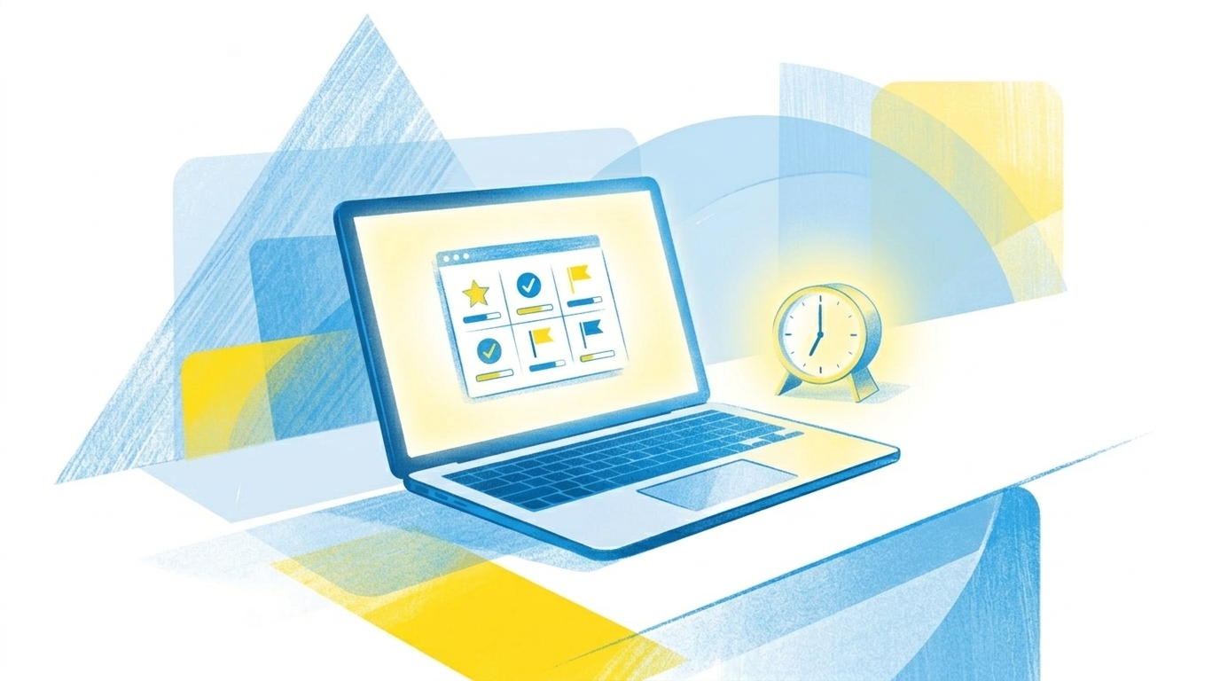 Flat-Illustration eines Laptops, der einen kompakten Zusammenfassungsblock mit Prioritäten anzeigt, KI-Symbol im Hintergrund, blau-gelbes Editorial-Design, geometrischer Stil