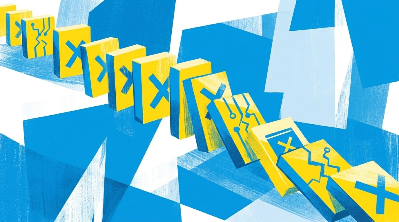 Abstrakte Illustration einer Dominokette aus Fehler-Symbolen die eine Kaskade darstellt, blaue und gelbe Farbgebung
