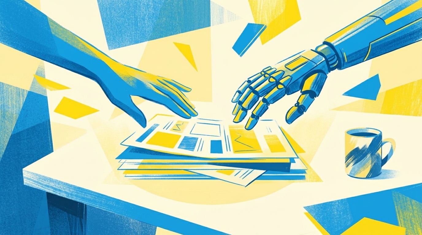 Menschliche Hand und Roboterhand die gemeinsam Dokumente prüfen, abstrakte Illustration in blau und gelb