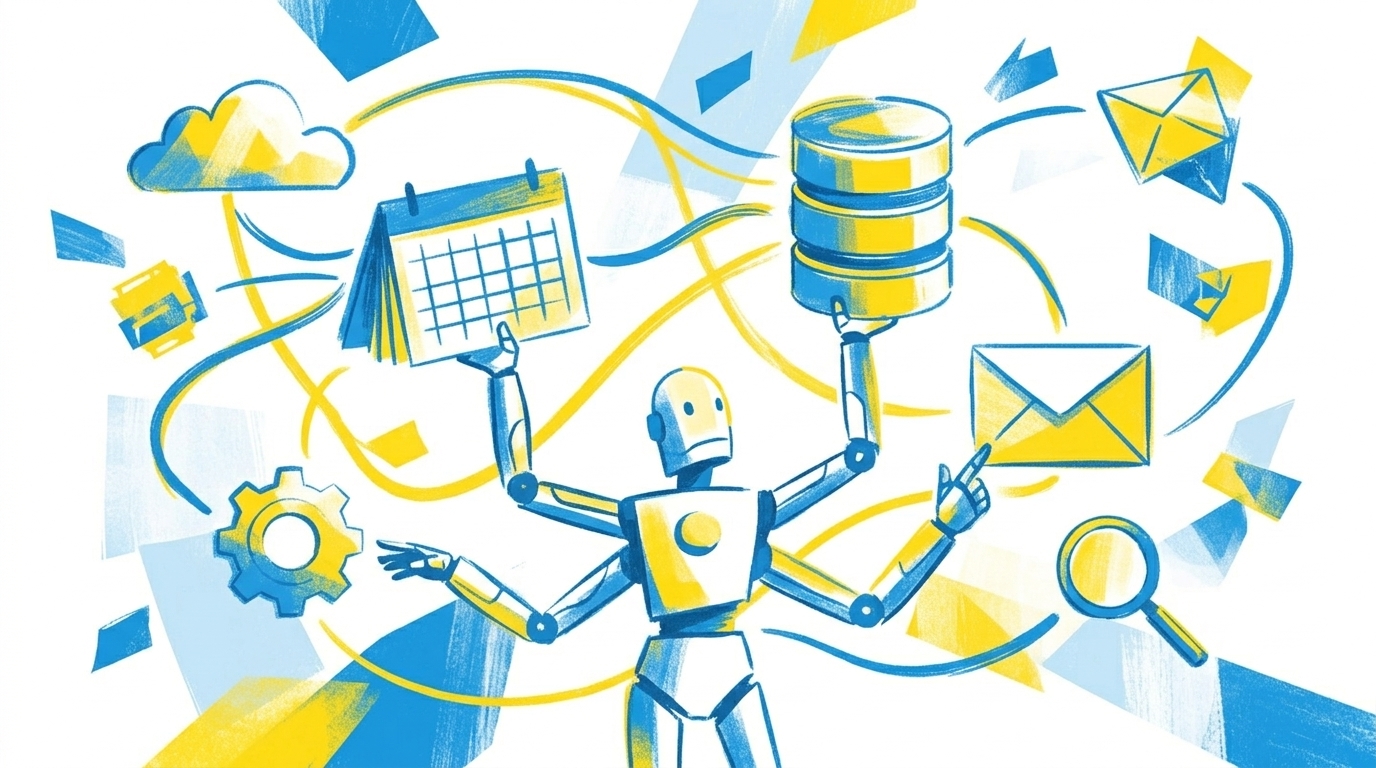 Abstrakte Illustration eines Agenten der gleichzeitig mehrere System-Icons berührt, Kalender, Datenbank und E-Mail, in blau und gelb